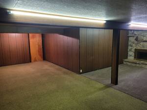 Finished below grade area with a fireplace, carpet, and wooden walls