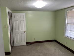 Carpeted spare room featuring a textured ceiling, baseboards, and visible vents
