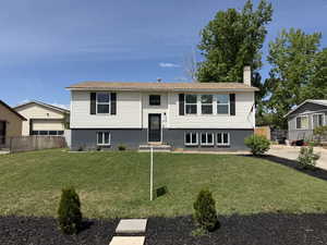 Raised ranch with a chimney and entry steps
