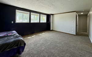 Carpeted bedroom featuring a textured ceiling and baseboards