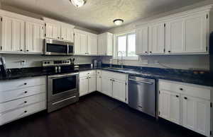Kitchen with appliances with stainless steel finishes, a sink, white cabinetry, dark wood-type flooring, and a textured ceiling