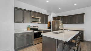 Kitchen featuring light wood-style floors, dark brown cabinetry, a sink, light countertops, and stainless steel appliances