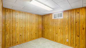 Finished below grade area with wood walls and carpet flooring