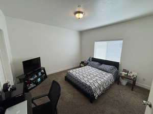 Bedroom with a textured ceiling, baseboards, and carpet