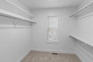 Walk in closet with visible vents and light colored carpet
