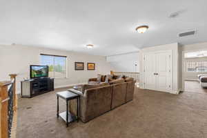 Living area featuring visible vents, plenty of natural light, and carpet floors