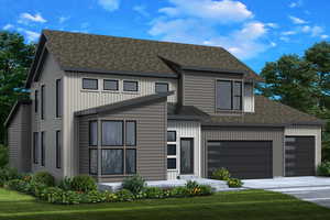 Modern inspired farmhouse featuring a shingled roof, a front yard, board and batten siding, and concrete driveway