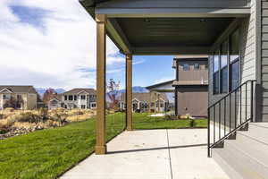 View of patio with a mountain view