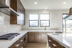 Kitchen featuring wall chimney range hood, decorative backsplash, light wood finished floors, stainless steel appliances, and recessed lighting