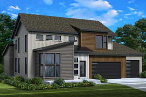 View of front of property featuring roof with shingles, a front yard, driveway, and board and batten siding