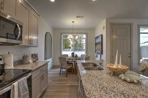 Kitchen with a chandelier, light wood-style floors, visible vents, appliances with stainless steel finishes, and a sink