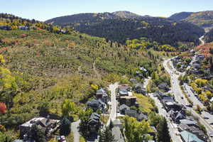 Aerial view featuring a wooded view, a residential view, and a mountain view