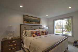 Carpeted bedroom featuring baseboards and recessed lighting