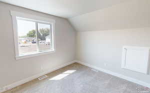 Additional living space with carpet, baseboards, vaulted ceiling, and visible vents
