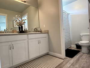 Full bath featuring toilet, wood finished floors, double vanity, and a sink