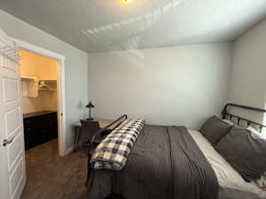 Bedroom featuring a walk in closet, a textured ceiling, and carpet floors