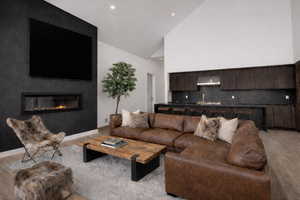 Living room featuring light wood-type flooring, a glass covered fireplace, and vaulted ceiling