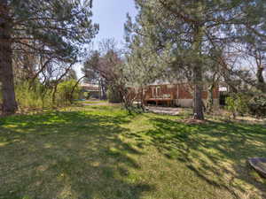 View of yard with a wooden deck