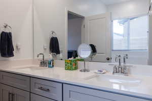 Full primary bathroom with double vanity and a sink