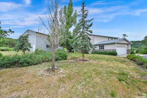 View of yard with an outbuilding and concrete driveway