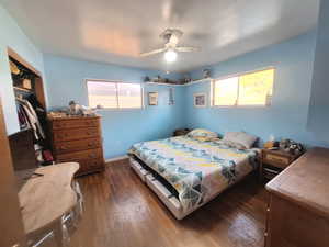 Bedroom with dark wood-type flooring, a closet, baseboards, and multiple windows