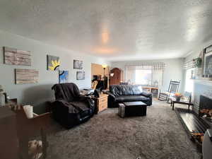 Carpeted living area featuring a textured ceiling and a fireplace