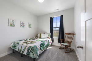 Bedroom featuring carpet flooring, baseboards, and visible vents