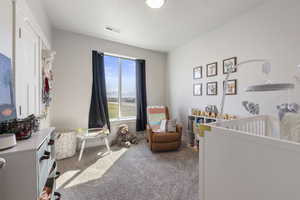 Bedroom featuring a crib, visible vents, and carpet floors
