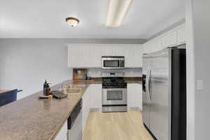 Kitchen with white cabinets, a sink, appliances with stainless steel finishes, dark countertops, and a peninsula