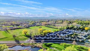 Aerial view with a water and mountain view