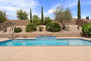 View of pool with a fenced backyard, an in ground hot tub, a fenced in pool, and a patio