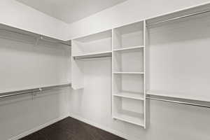 Walk in closet with dark colored carpet