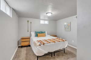 Bedroom with a textured ceiling, visible vents, baseboards, and carpet