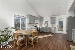 Dining space with dark wood-style flooring and high vaulted ceiling