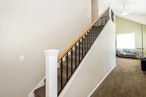 Stairs featuring high vaulted ceiling, ceiling fan, baseboards, and carpet floors