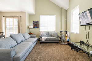 Carpeted living area featuring plenty of natural light and vaulted ceiling