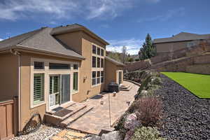 Back of property with a shingled roof, a patio area, stucco siding, and a fenced backyard