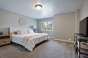 Bedroom with carpet flooring, a textured ceiling, and baseboards