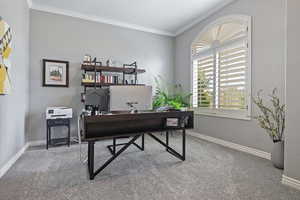 Carpeted office with crown molding and baseboards