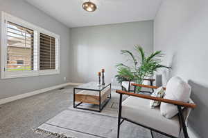 Sitting room with visible vents, baseboards, and carpet flooring