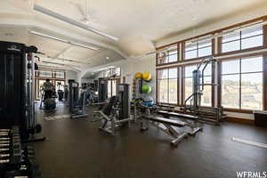 Exercise room with plenty of natural light, ceiling fan, and vaulted ceiling