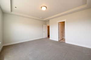 Unfurnished bedroom with light carpet, baseboards, and a raised ceiling