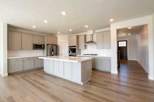 Kitchen featuring tasteful backsplash, light wood-type flooring, wall chimney range hood, stainless steel appliances, and gray cabinetry