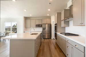 Kitchen featuring gray cabinets, appliances with stainless steel finishes, a sink, and wall chimney exhaust hood