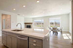 Kitchen featuring light wood-style flooring, visible vents, dishwasher, a sink, and gray cabinetry