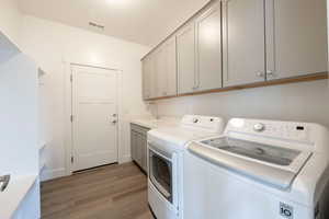 Clothes washing area with visible vents, a sink, independent washer and dryer, cabinet space, and light wood-style flooring