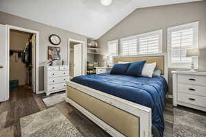 Bedroom featuring a closet, a spacious closet, vaulted ceiling, and wood finished floors