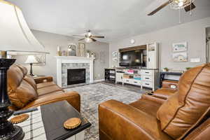 Living area featuring a ceiling fan, wood finished floors, and a premium fireplace