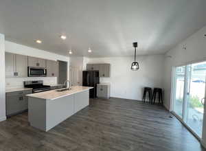 Kitchen featuring gray cabinets, dark wood-style flooring, a sink, stainless steel appliances, and baseboards