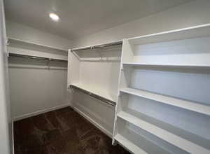 Spacious closet featuring dark carpet
